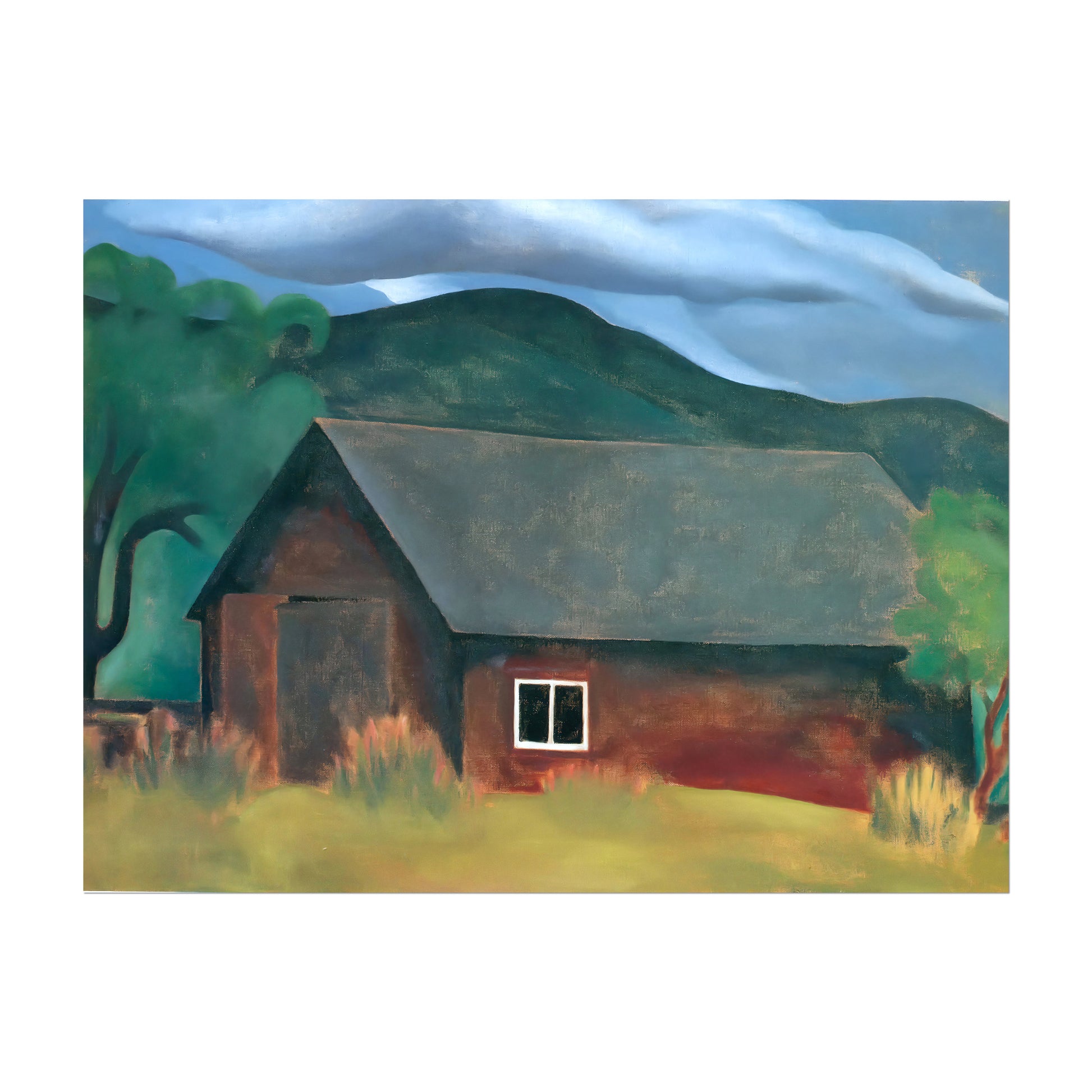 a painting of a barn in the country