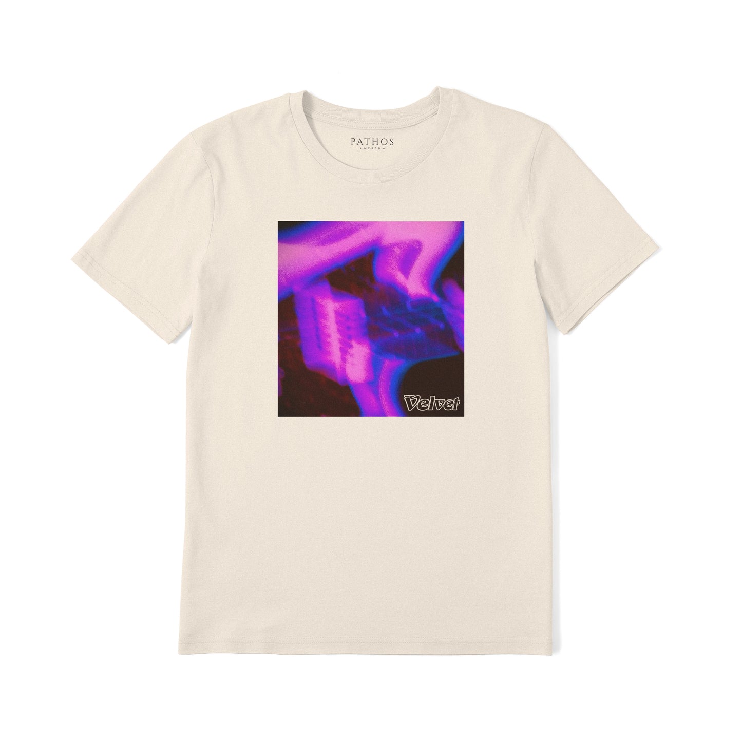 The image is a white t-shirt with a graphic design featuring a purple and black abstract pattern.
