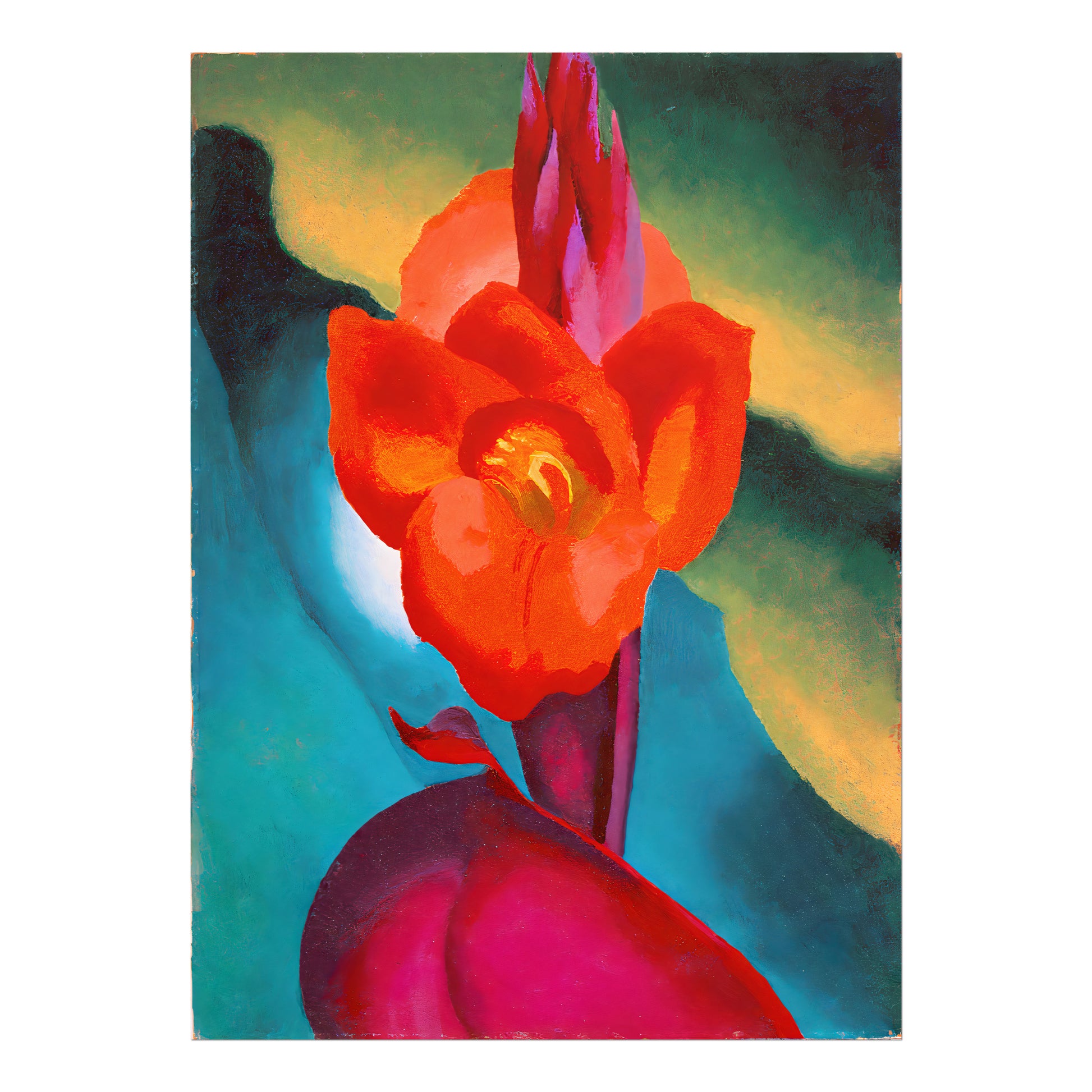 a painting of a red flower on a green background