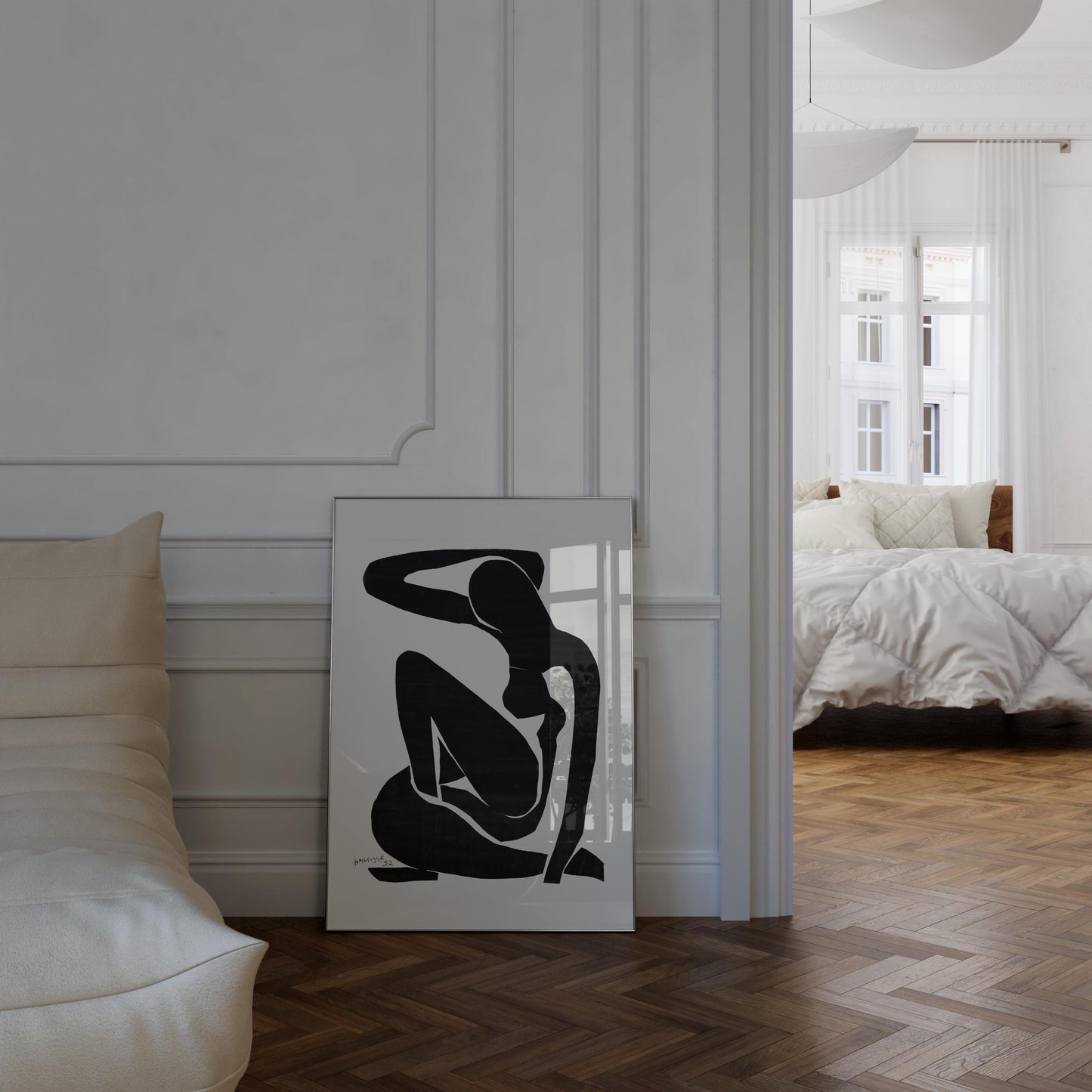 a minimalist bedroom design with a large abstract artwork of a human figure on the wall, a white bed, and a wooden floor.
