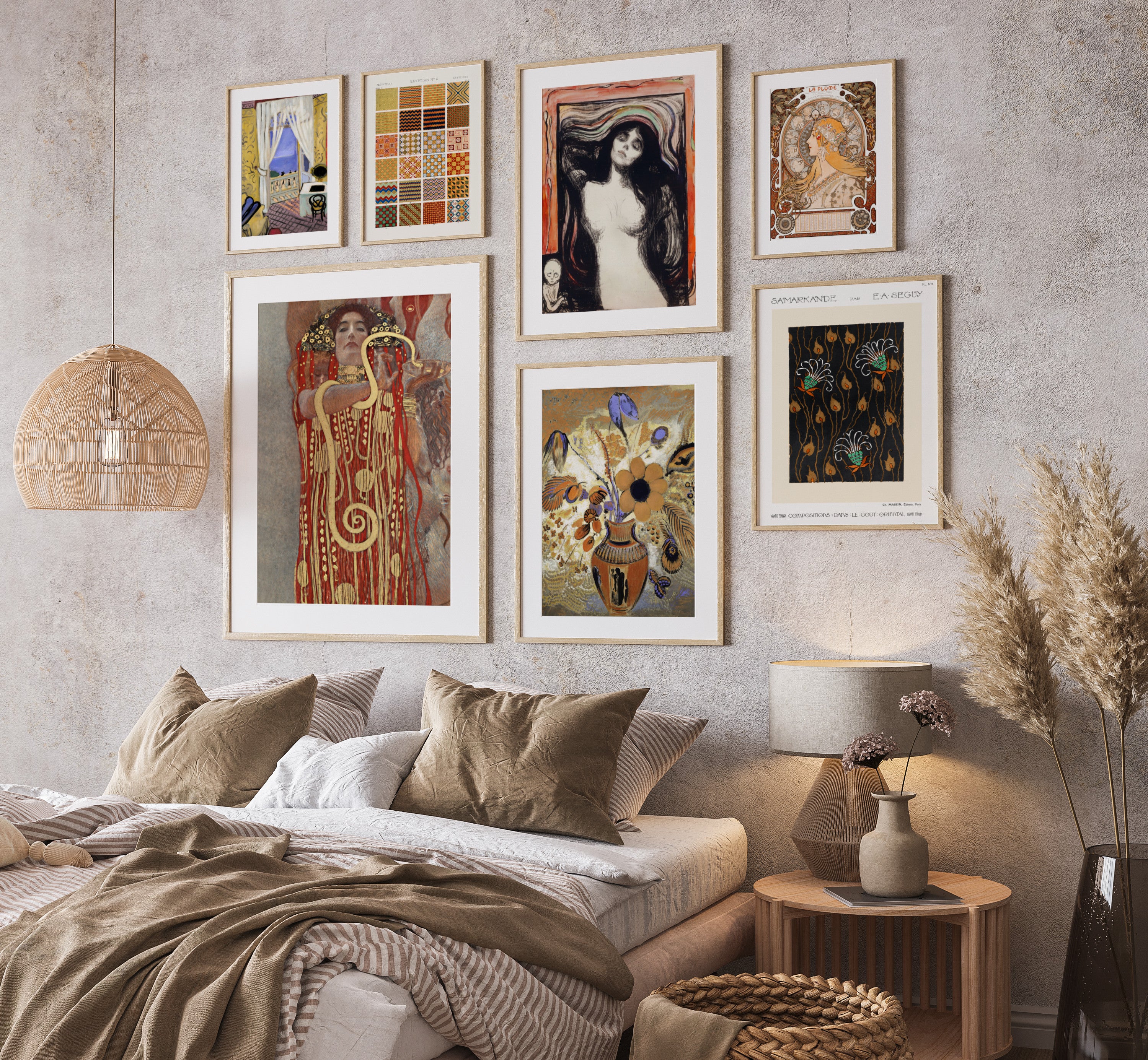 Boho bedroom with wall art featuring antique, pattern, vintage and esoteric framed prints