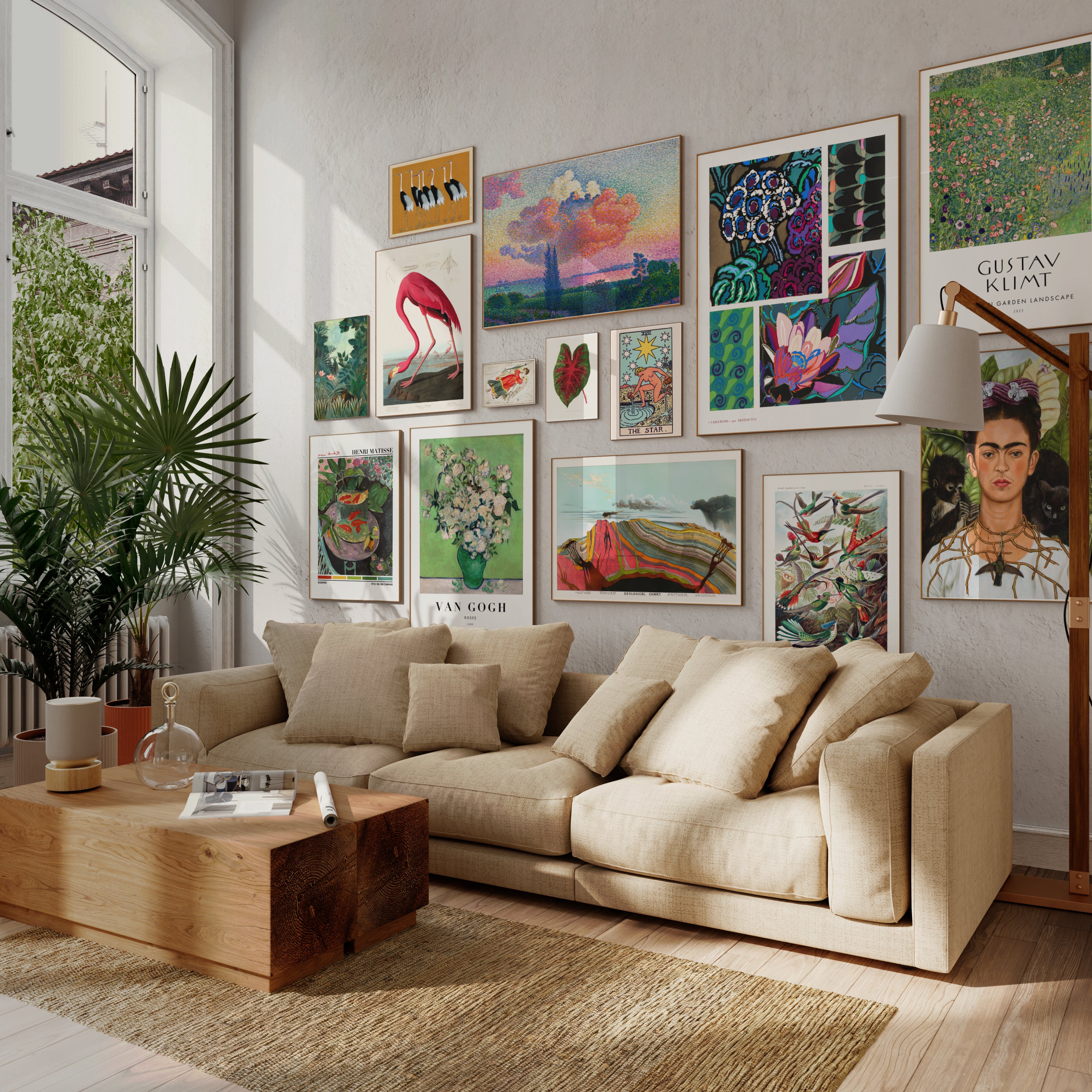 Modern living room interior with framed wall art including vintage bird illustrations, famous paintings, floral patterns, astrology art, botanical prints and landscapes