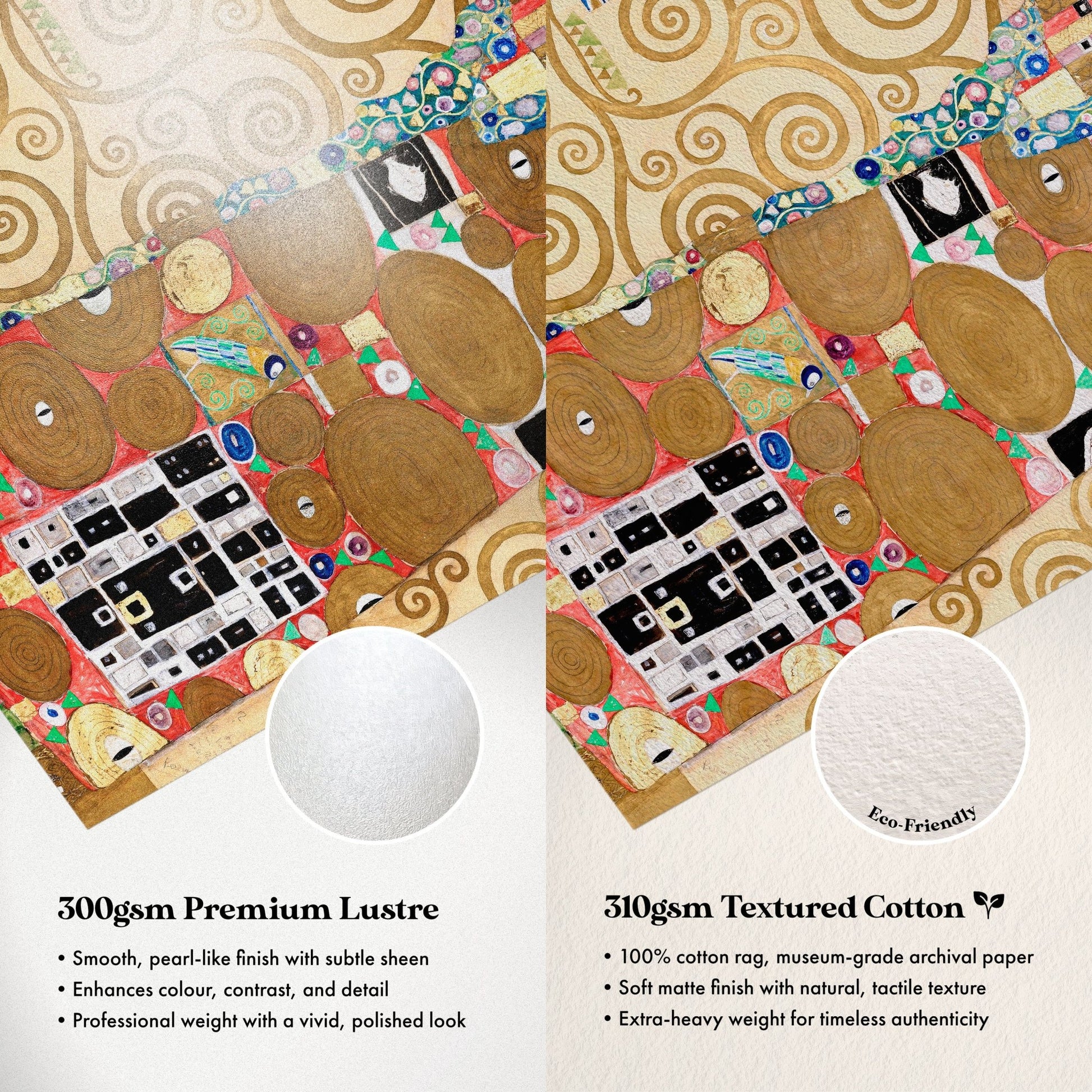 The image is a comparison between two types of paper: a premium lustre paper and a textured cotton paper. The lustre paper is described as smooth, pearl-like, and 100% cotton, while the cotton paper is described as having a soft matte finish and being 100% cotton. The lustre paper is labeled as professional weight with a vibrant, polished look, while the cotton paper is labeled as being extra-heavy weight for timeless authenticity.