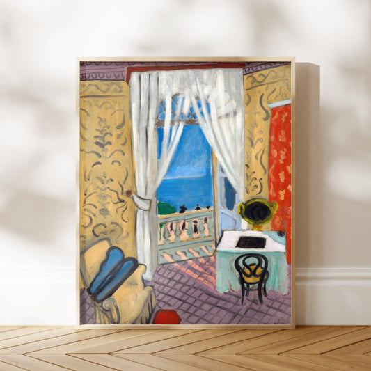 The image is a framed painting depicting a colorful and vibrant interior scene with a view of the outdoors through a window.