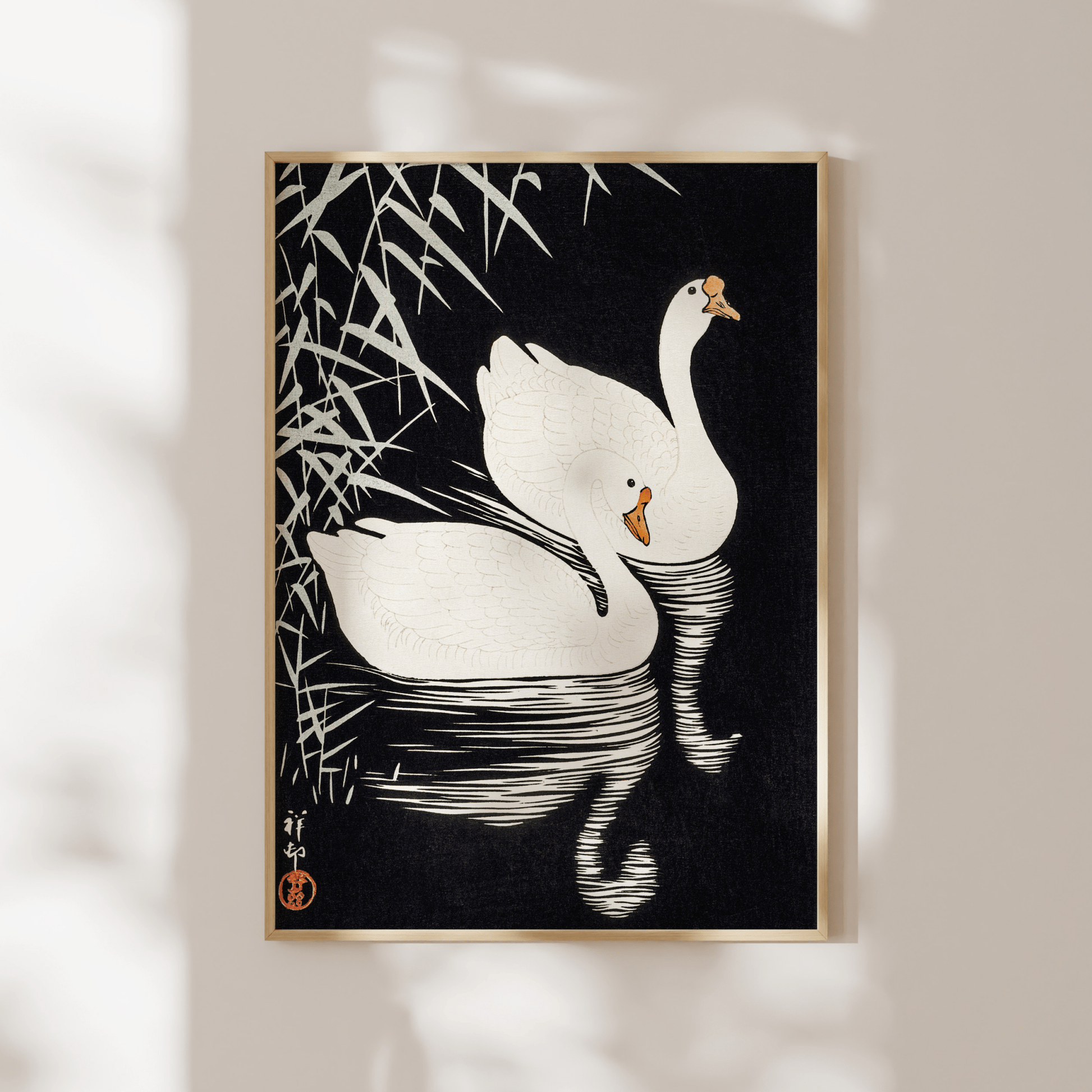 OHARA KOSON - White Chinese Geese Swimming by Reeds - Pathos Studio - Art Prints
