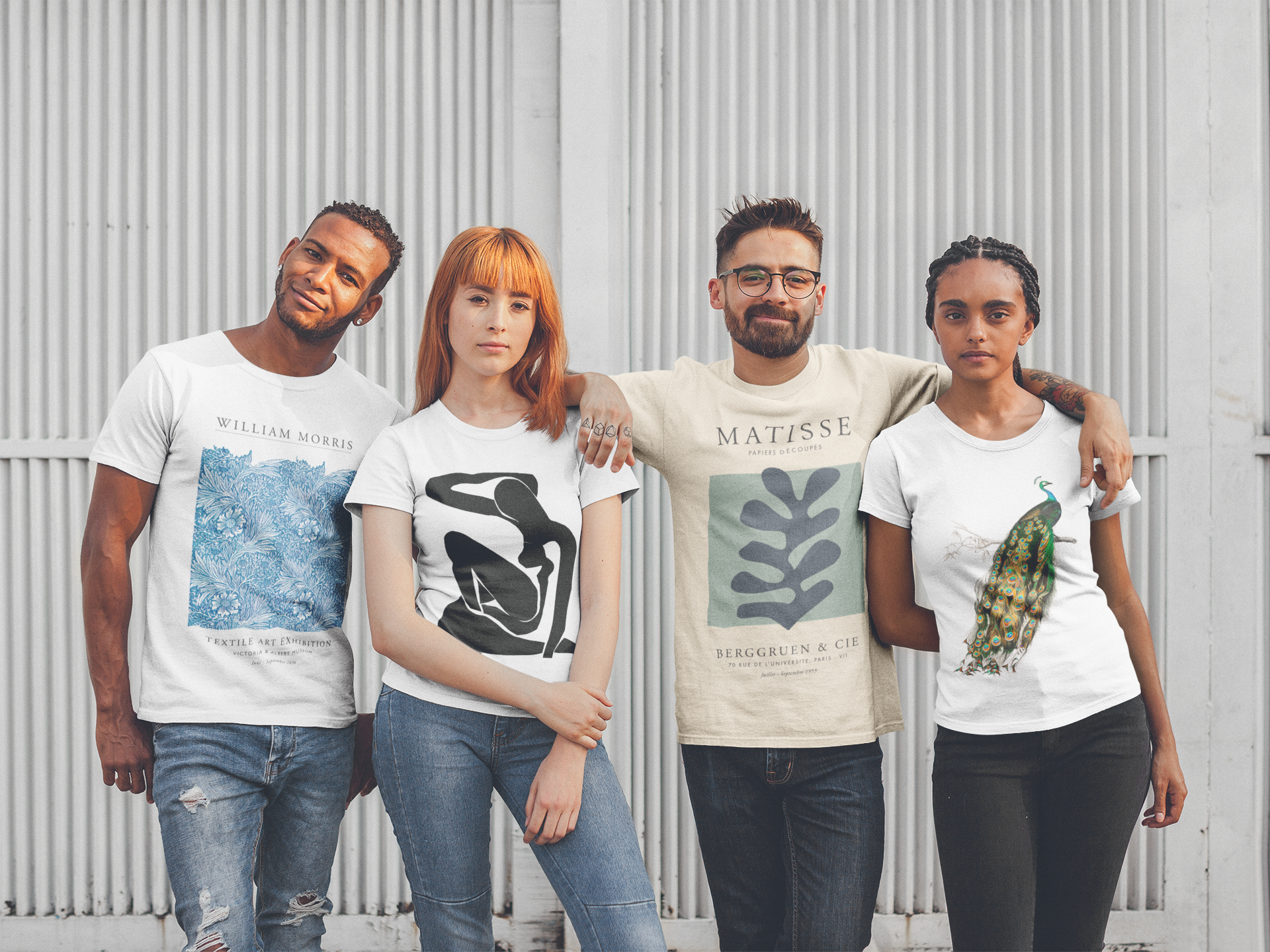 100% Organic Cotton White / Vintage Beige T-Shirts - William Morris, Henri Matisse, Papier Decoupe, Paper Cut-Outs, Exhibition Poster