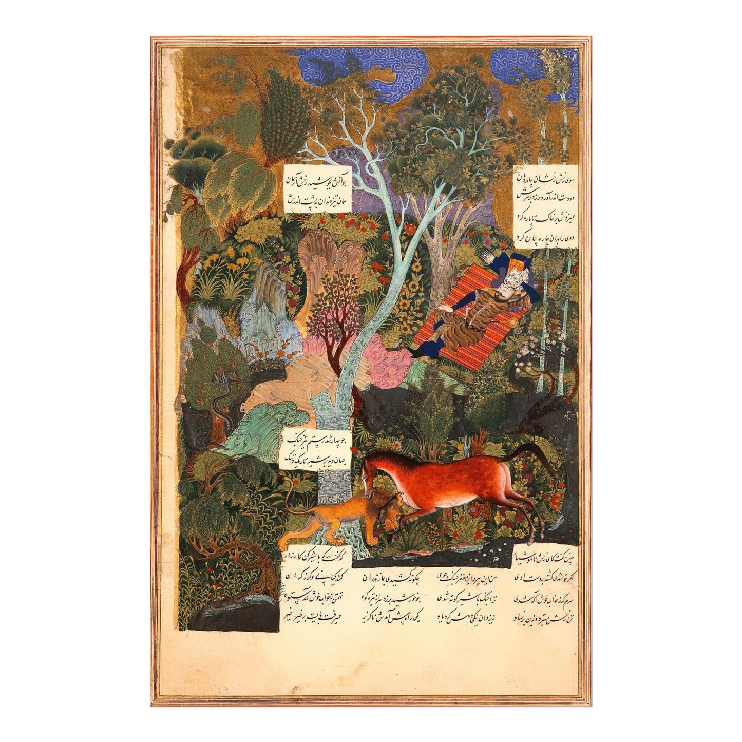Rostam Sleeps While Rakhsh Fights a Lion from 'Shahnameh'