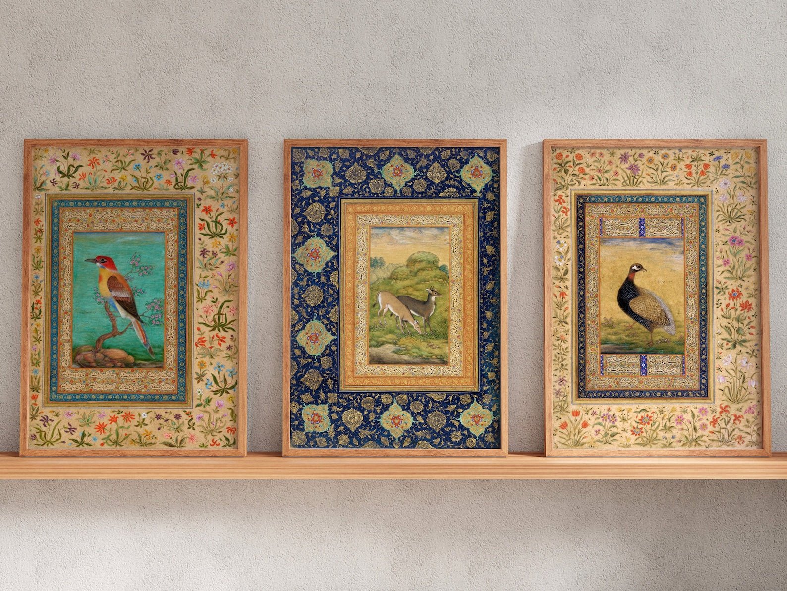 Set of 3 Birds & Deer (Traditional Persian Miniature Art) - Pathos Studio -
