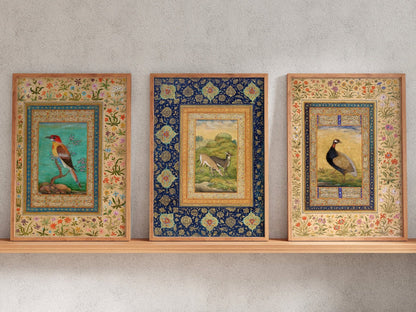 Set of 3 Birds & Deer (Traditional Persian Miniature Art) - Pathos Studio -