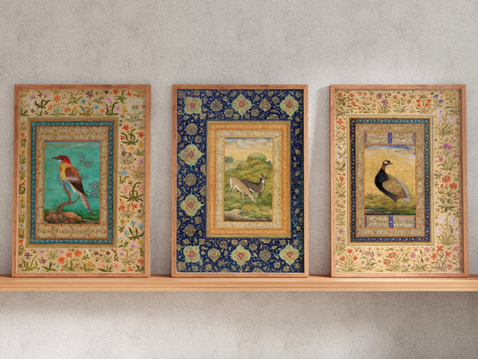 Set of 3 Birds & Deer (Traditional Persian Miniature Art) - Pathos Studio -
