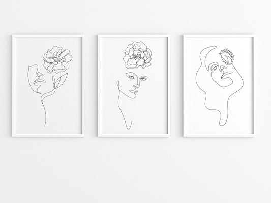 Set of 3 Woman & Flower Line Art Prints - Pathos Studio - Art Print Sets
